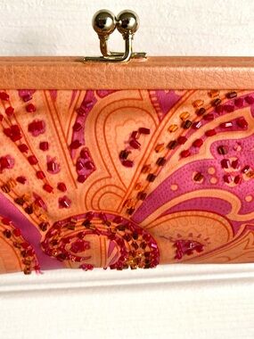 Pink & Orange Embellished Paisley Wristlet Clutch
